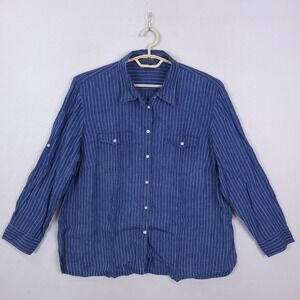 Lauren Ralph Lauren Shirt Womens 2X Blue White Striped Button Up Linen Top
